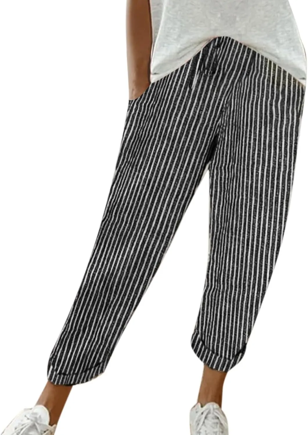 Miyaomn Women's Baggy Drawstring Linen Pants Cotton Elastic Waist Wide Leg Casual Joggers Solid Lounge Trousers with Pockets