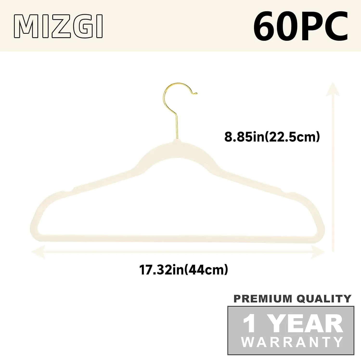 MIZGI Premium Velvet Hangers Pack 60 Pcs Heavyduty - Non Slip Slimline - Velvet Suit Hanger Ivory - Gold Hooks,Space Saving Clothes Hanger