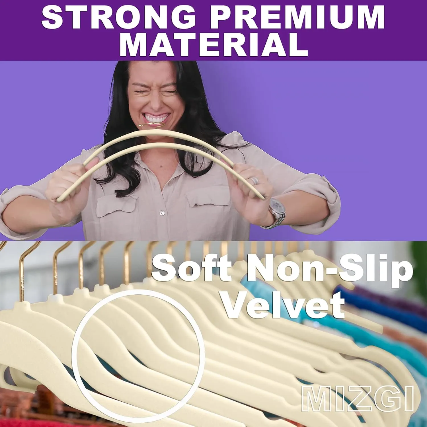 MIZGI Premium Velvet Hangers Pack 60 Pcs Heavyduty - Non Slip Slimline - Velvet Suit Hanger Ivory - Gold Hooks,Space Saving Clothes Hanger
