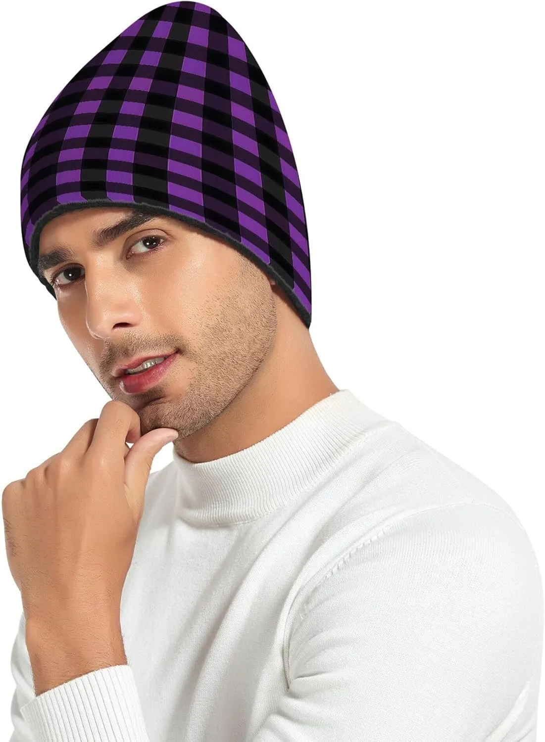 MNSRUU Black Beanie Hat Purple Leopard Skin Beanie Hat for Men Women Beanie Cap Roll-up Edge Skullcap