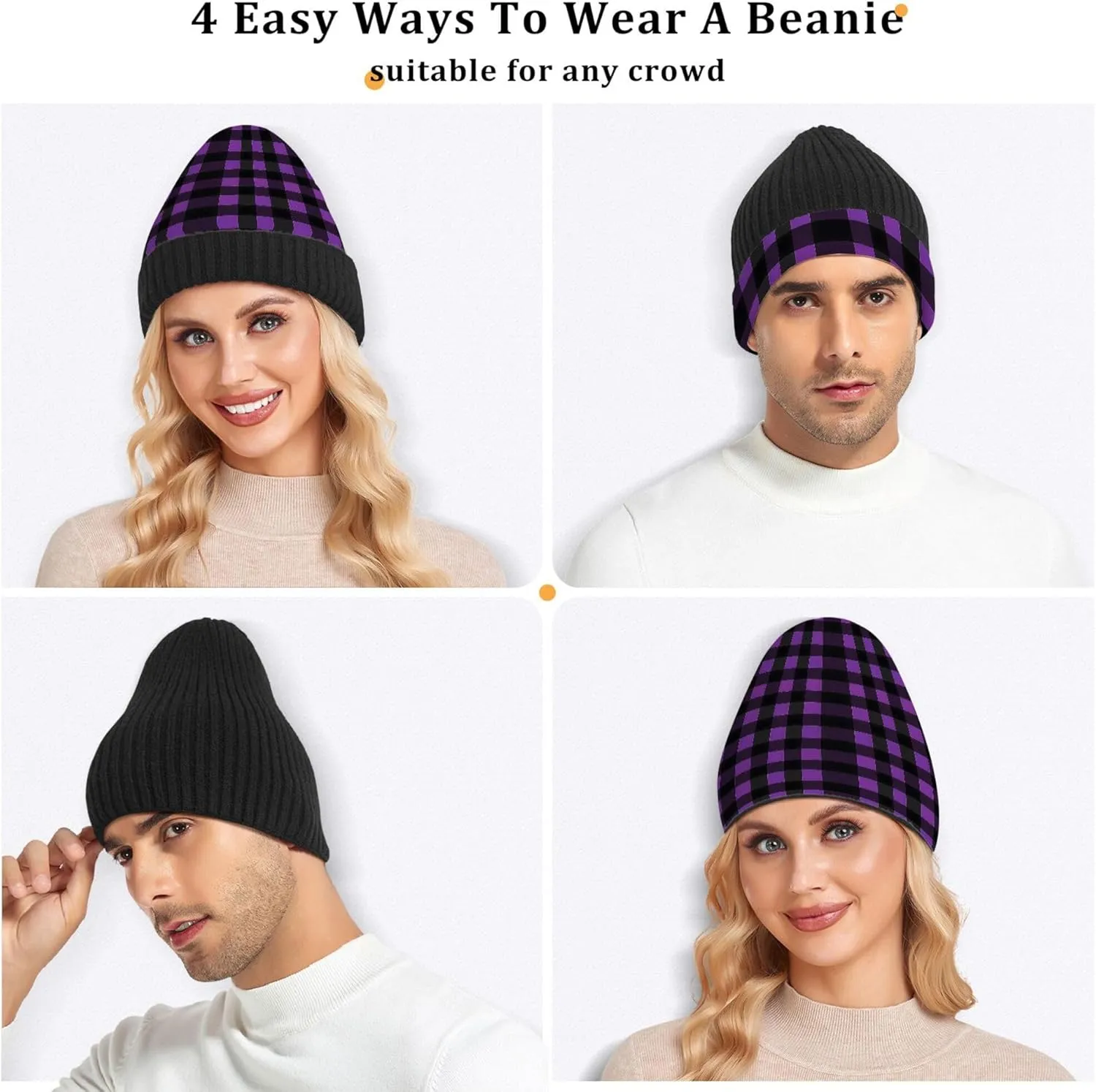 MNSRUU Black Beanie Hat Purple Leopard Skin Beanie Hat for Men Women Beanie Cap Roll-up Edge Skullcap