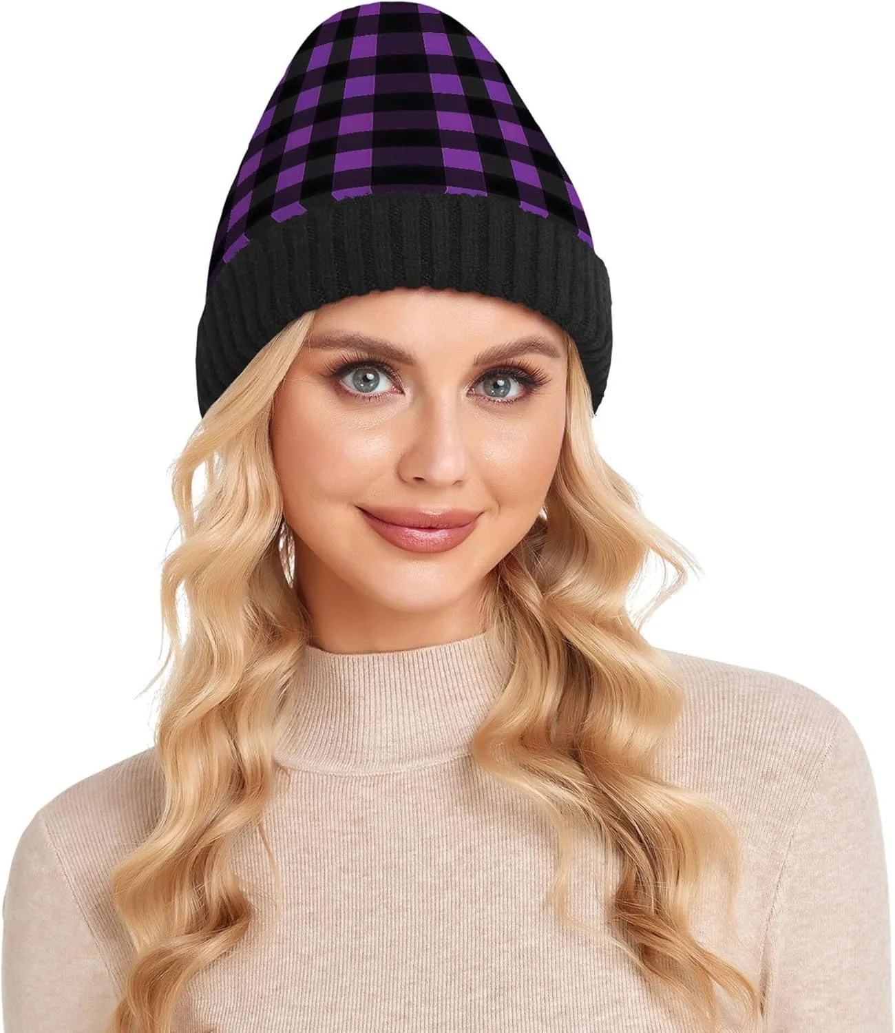 MNSRUU Black Beanie Hat Purple Leopard Skin Beanie Hat for Men Women Beanie Cap Roll-up Edge Skullcap