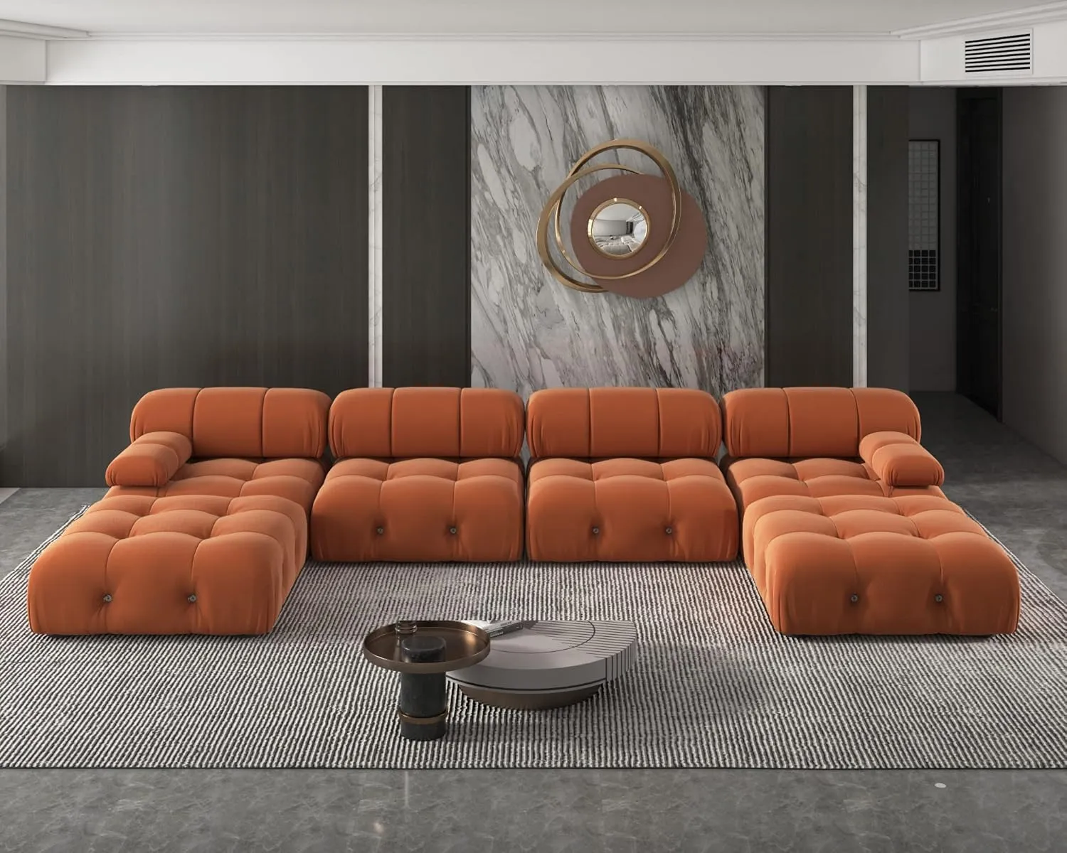 Modern Velvet Sectional Sofa, U Shape Minimalist Modular 6-Seater Couch with 2-Ottomans for Living Room Office Apartment (138in/Orange)