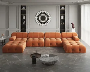 Modern Velvet Sectional Sofa, U Shape Minimalist Modular 6-Seater Couch with 2-Ottomans for Living Room Office Apartment (138in/Orange)