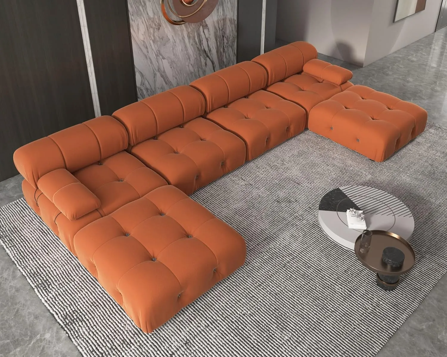 Modern Velvet Sectional Sofa, U Shape Minimalist Modular 6-Seater Couch with 2-Ottomans for Living Room Office Apartment (138in/Orange)