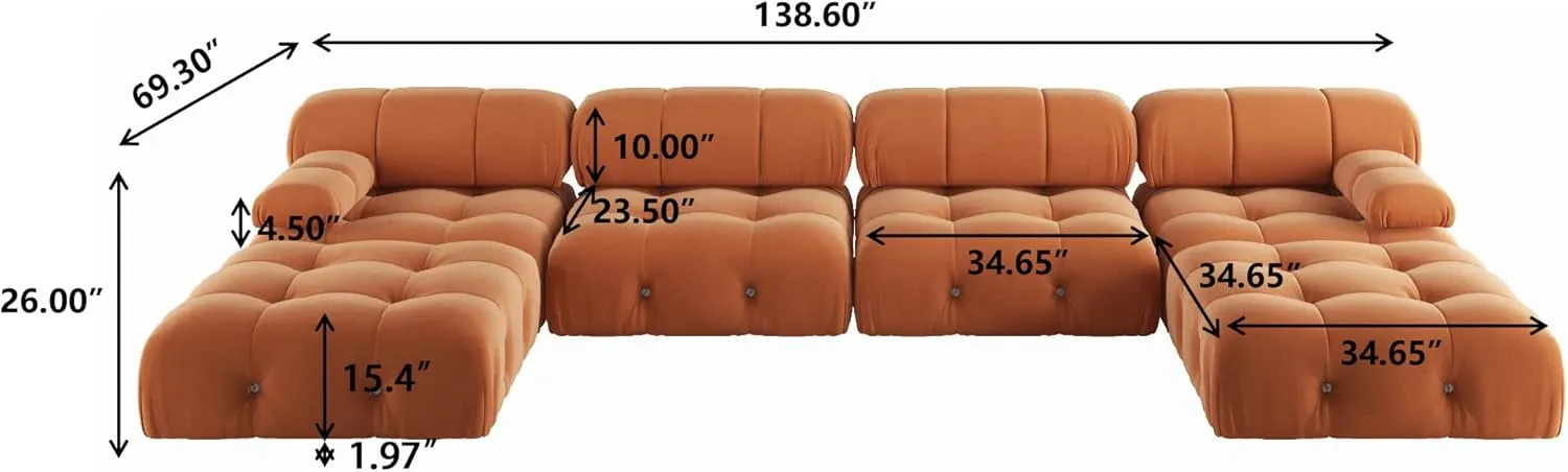 Modern Velvet Sectional Sofa, U Shape Minimalist Modular 6-Seater Couch with 2-Ottomans for Living Room Office Apartment (138in/Orange)