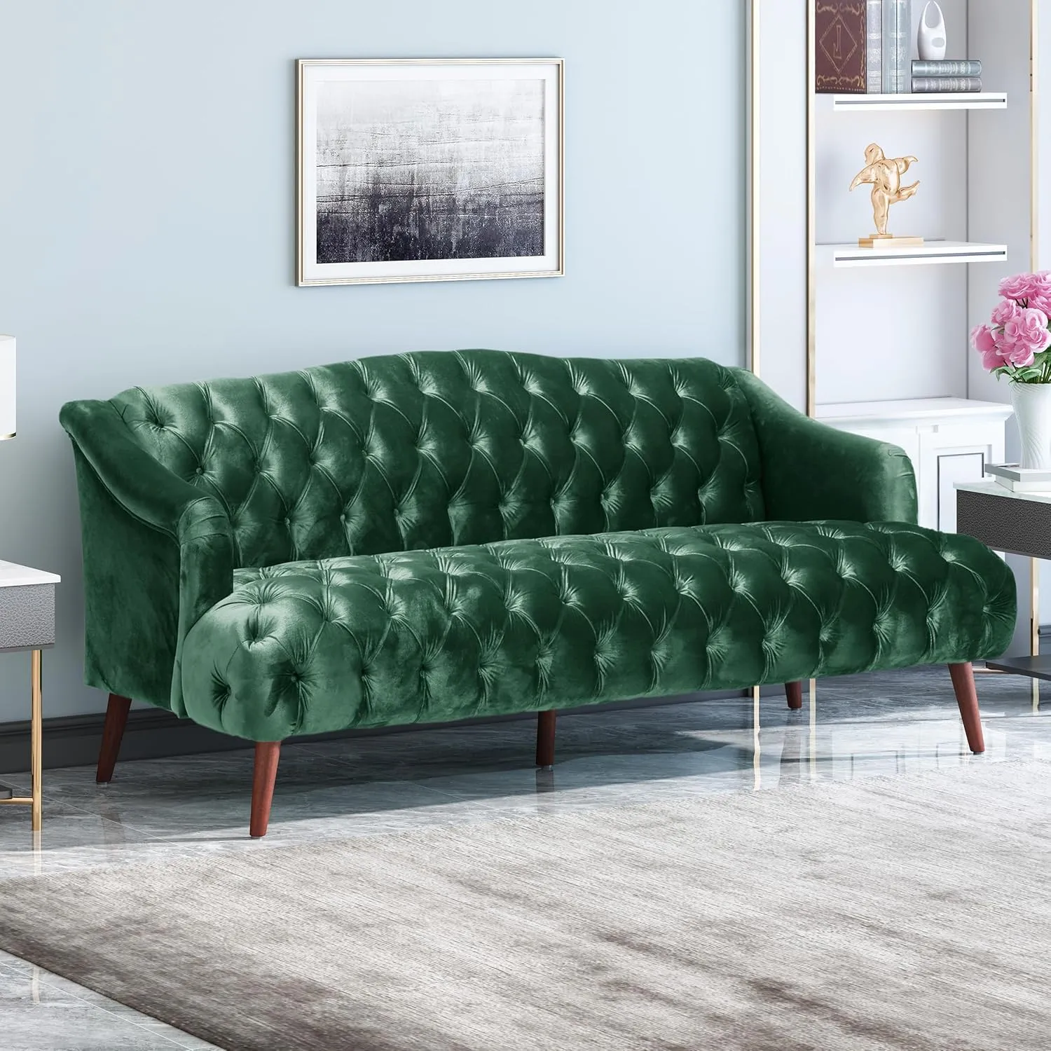 Modern Wingback Tufted Velvet Loveseat, 73.25" 3 Seat Sofas Settee Bench Banquette Chesterfield Love Seat with High Back Thick Padded Cushioned Upholstered Couch for Living Room, Victorian, Emerald
