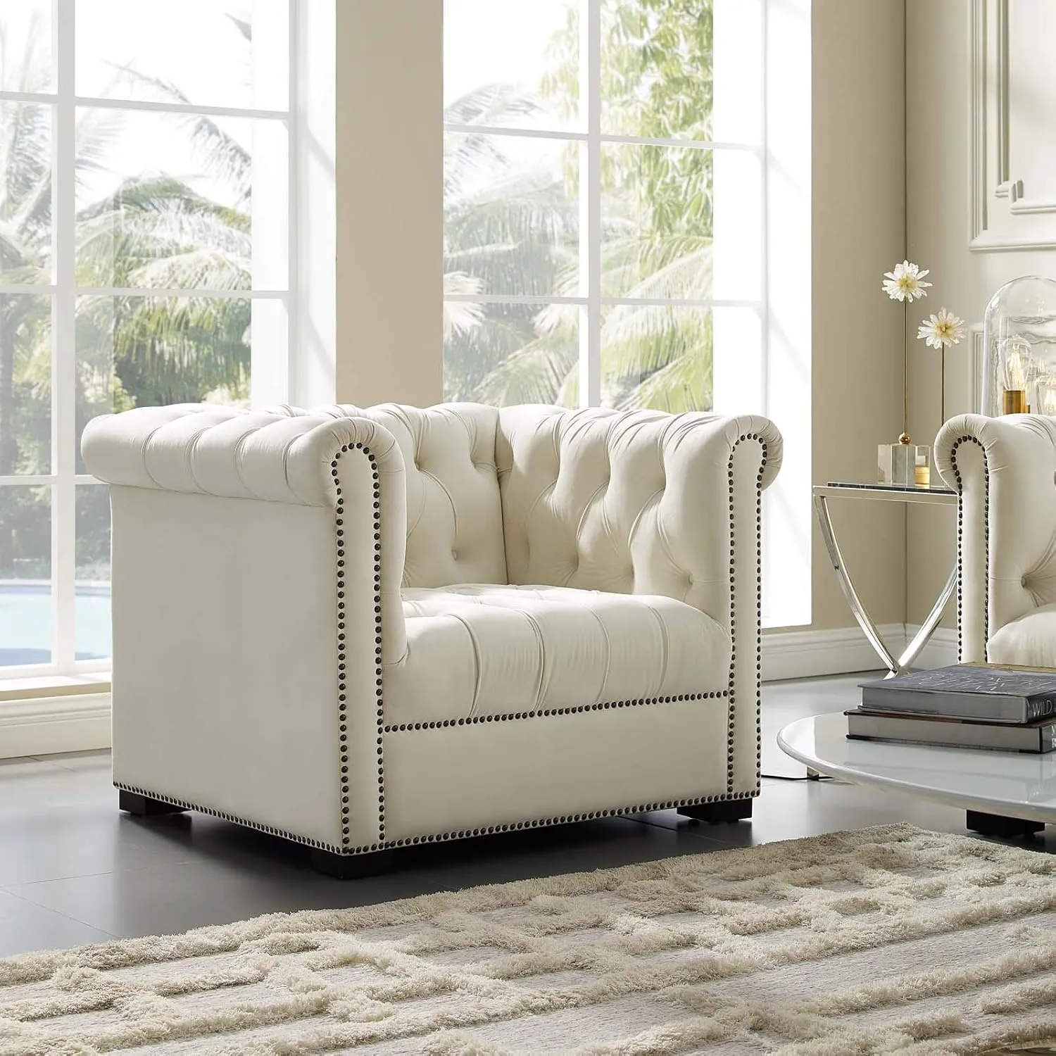 Modway Heritage Tufted Velvet Modern Chesterfield Lounge with Nailhead Trim, Armchair, Ivory