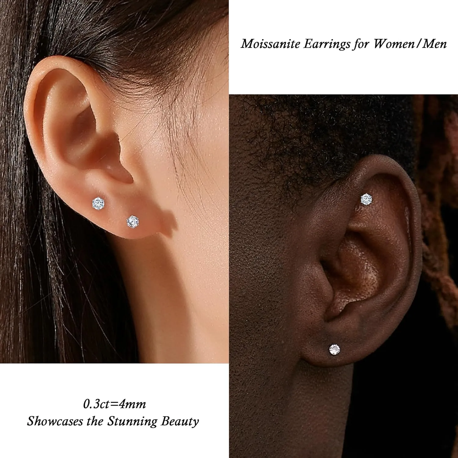 Moissanite Earrings for Women Men, 18K White Gold Plated Second Hole Earrings Hypoallergenic Sterling Silver Lab Created Diamond Earrings 0.3CT Moissanite Jewelry as Daughter Birthday Gifts