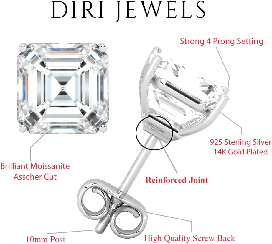 Moissanite Stud Earrings, 0.5ct-3ct D Color VVS1 Clarity Moissanite 14K White Gold Plated Sterling Silver Simulated Diamond Push Back Earrings For Women
