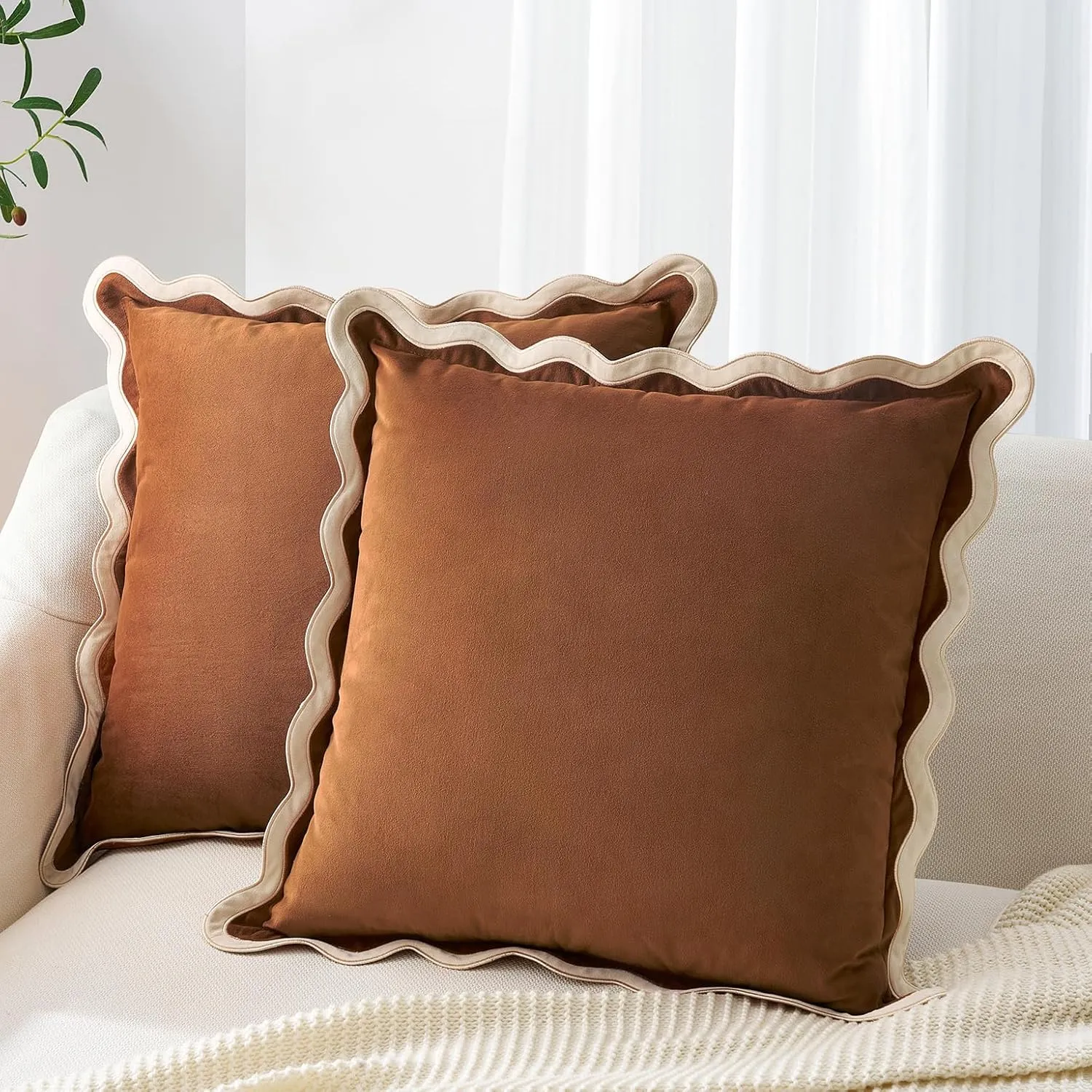 MONDAY MOOSE Decorative Throw Pillow Covers Cushion Cases, Set of 2 Soft Velvet Scalloped Wavy Edge Designs, Mix and Match for Home Decor, Pillow Inserts Not Included (Beige/Brown, 20x20 inch)