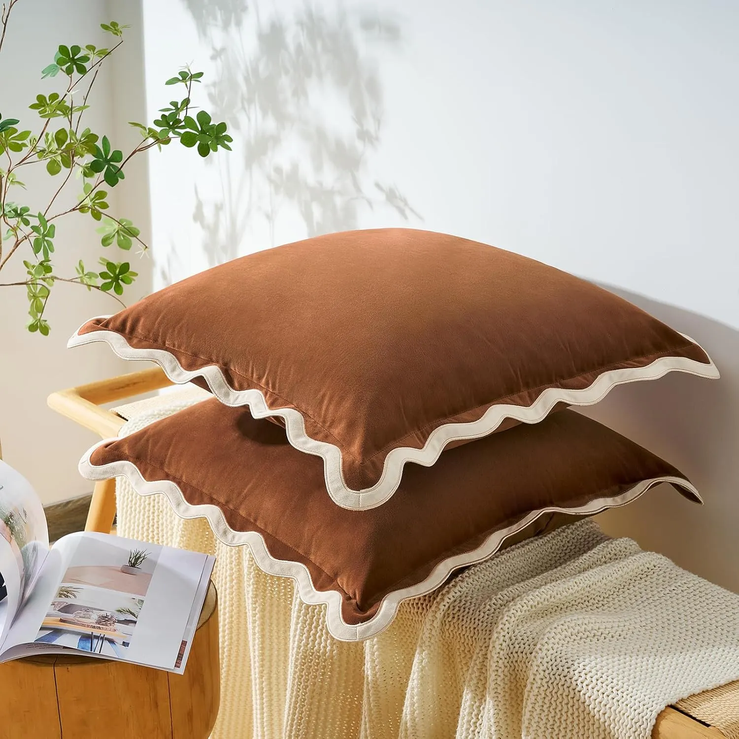 MONDAY MOOSE Decorative Throw Pillow Covers Cushion Cases, Set of 2 Soft Velvet Scalloped Wavy Edge Designs, Mix and Match for Home Decor, Pillow Inserts Not Included (Beige/Brown, 20x20 inch)
