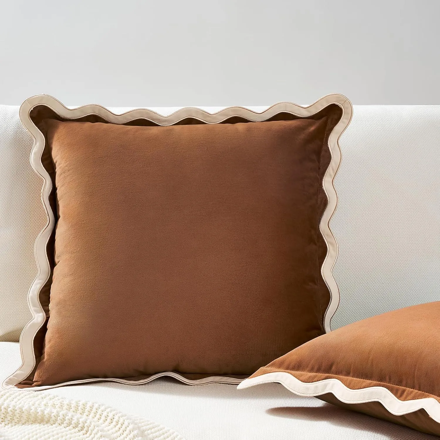 MONDAY MOOSE Decorative Throw Pillow Covers Cushion Cases, Set of 2 Soft Velvet Scalloped Wavy Edge Designs, Mix and Match for Home Decor, Pillow Inserts Not Included (Beige/Brown, 20x20 inch)