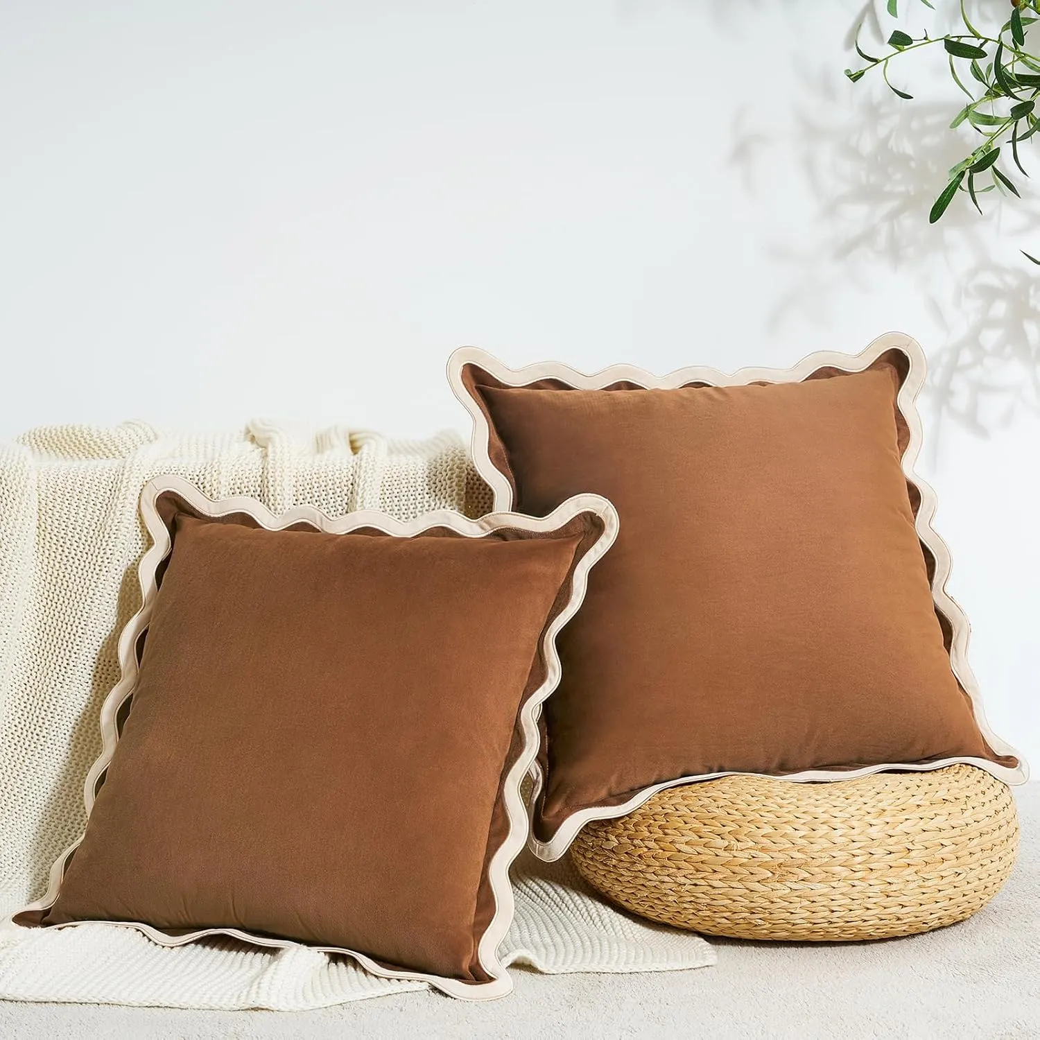 MONDAY MOOSE Decorative Throw Pillow Covers Cushion Cases, Set of 2 Soft Velvet Scalloped Wavy Edge Designs, Mix and Match for Home Decor, Pillow Inserts Not Included (Beige/Brown, 20x20 inch)