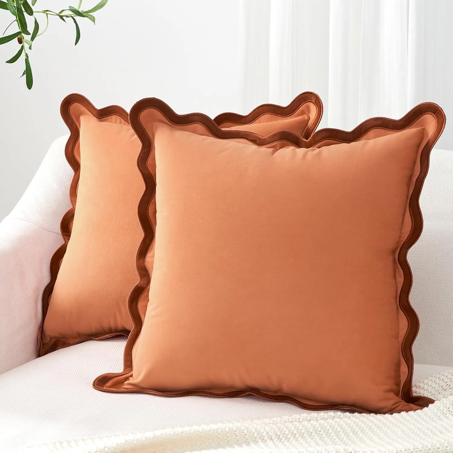 MONDAY MOOSE Decorative Throw Pillow Covers Cushion Cases, Set of 2 Soft Velvet Scalloped Wavy Edge Designs, Mix and Match for Home Decor, Pillow Inserts Not Included (Rust/Coral, 20x20 inch)