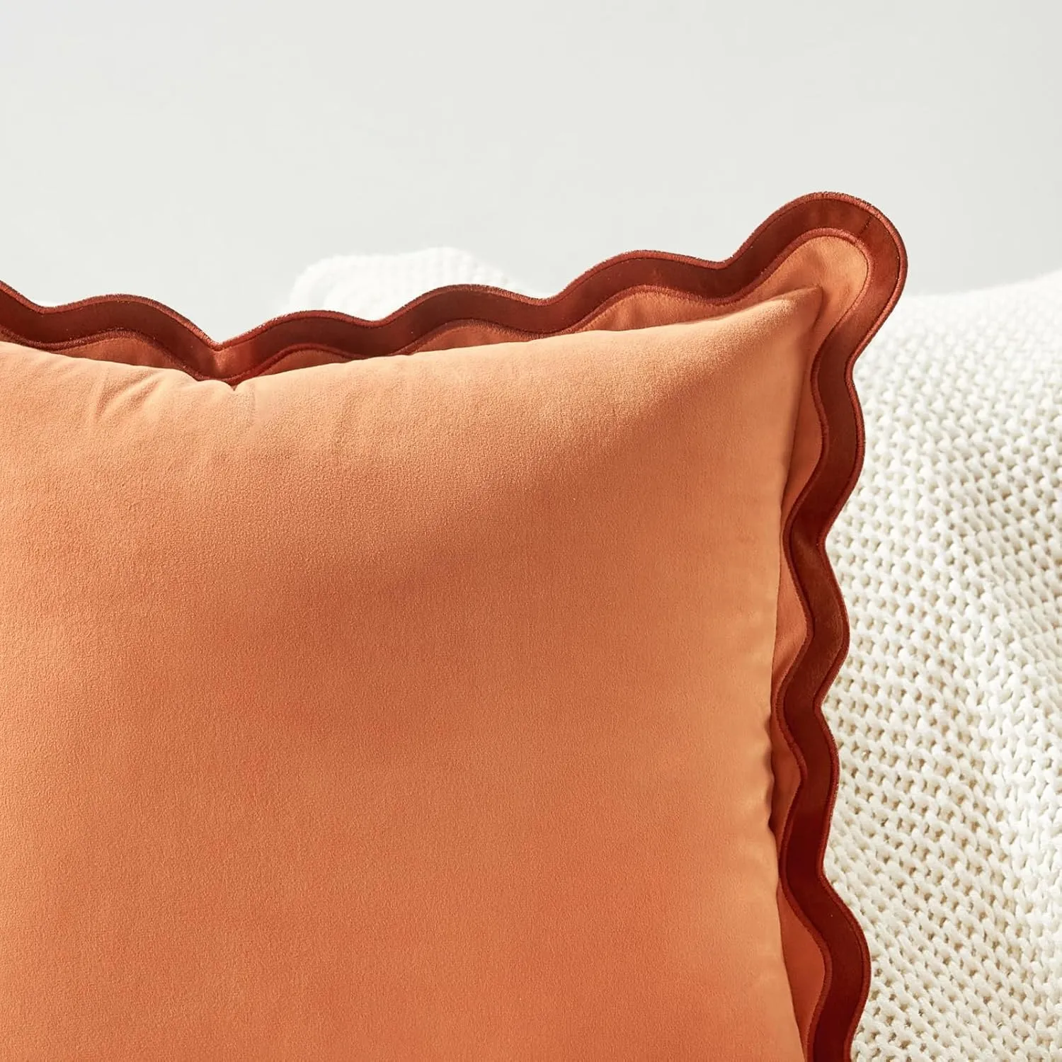 MONDAY MOOSE Decorative Throw Pillow Covers Cushion Cases, Set of 2 Soft Velvet Scalloped Wavy Edge Designs, Mix and Match for Home Decor, Pillow Inserts Not Included (Rust/Coral, 20x20 inch)