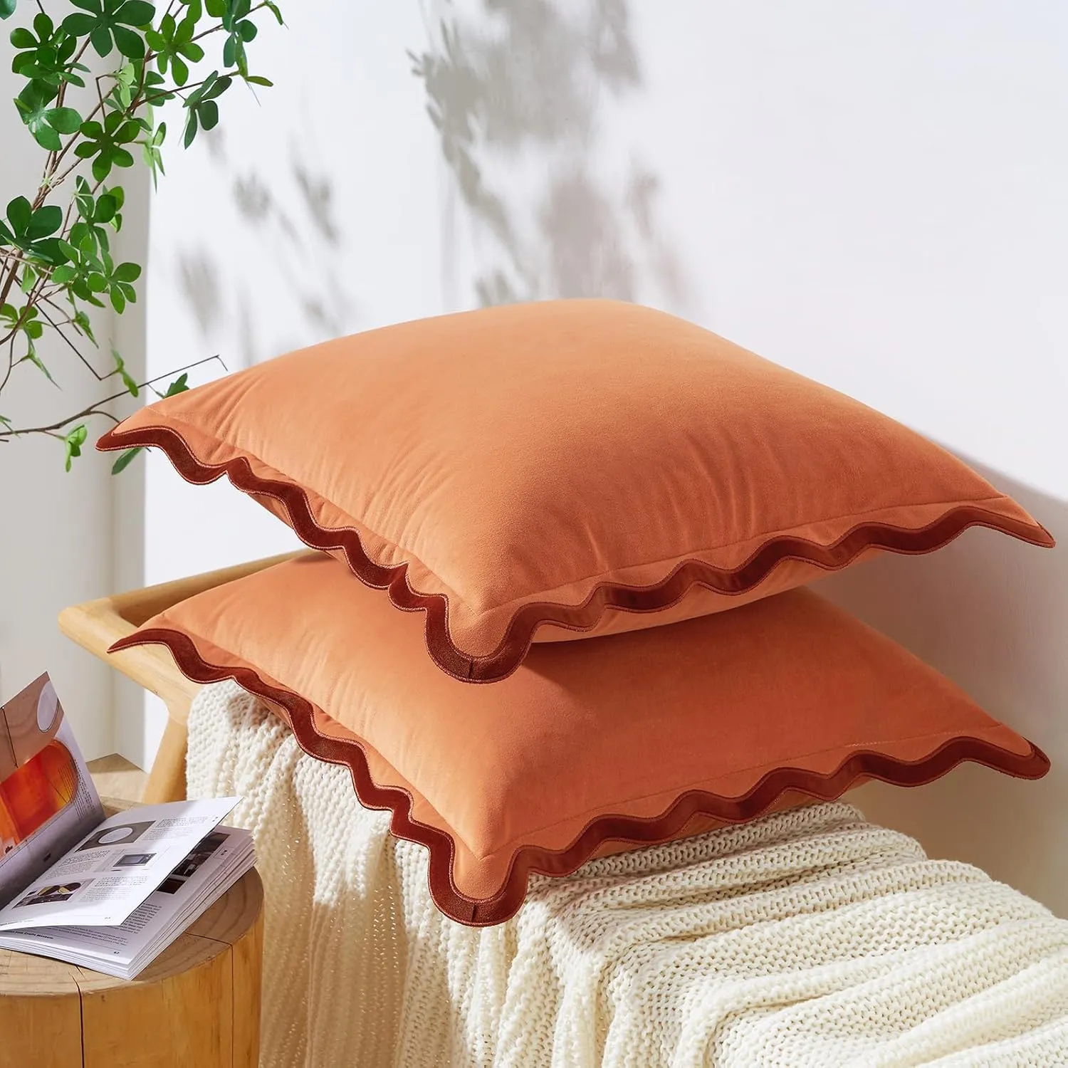 MONDAY MOOSE Decorative Throw Pillow Covers Cushion Cases, Set of 2 Soft Velvet Scalloped Wavy Edge Designs, Mix and Match for Home Decor, Pillow Inserts Not Included (Rust/Coral, 20x20 inch)