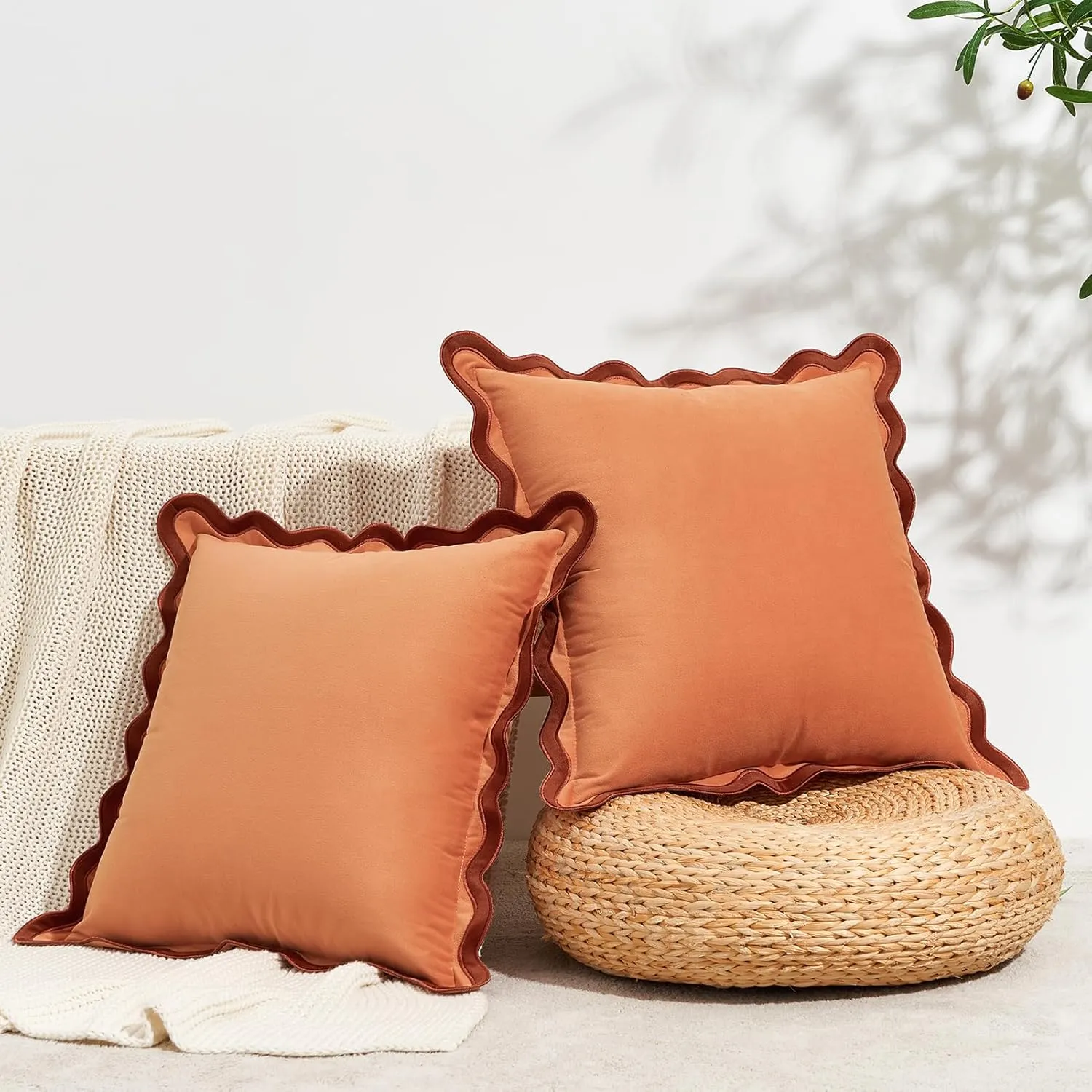 MONDAY MOOSE Decorative Throw Pillow Covers Cushion Cases, Set of 2 Soft Velvet Scalloped Wavy Edge Designs, Mix and Match for Home Decor, Pillow Inserts Not Included (Rust/Coral, 20x20 inch)