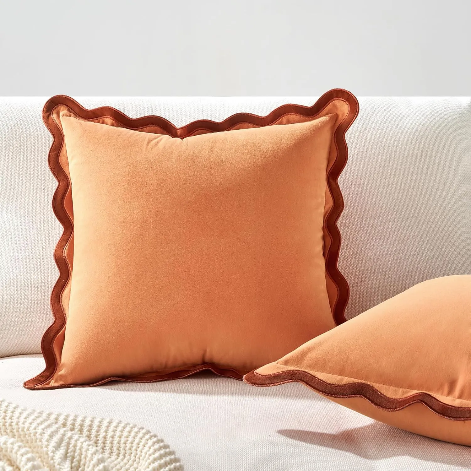 MONDAY MOOSE Decorative Throw Pillow Covers Cushion Cases, Set of 2 Soft Velvet Scalloped Wavy Edge Designs, Mix and Match for Home Decor, Pillow Inserts Not Included (Rust/Coral, 20x20 inch)