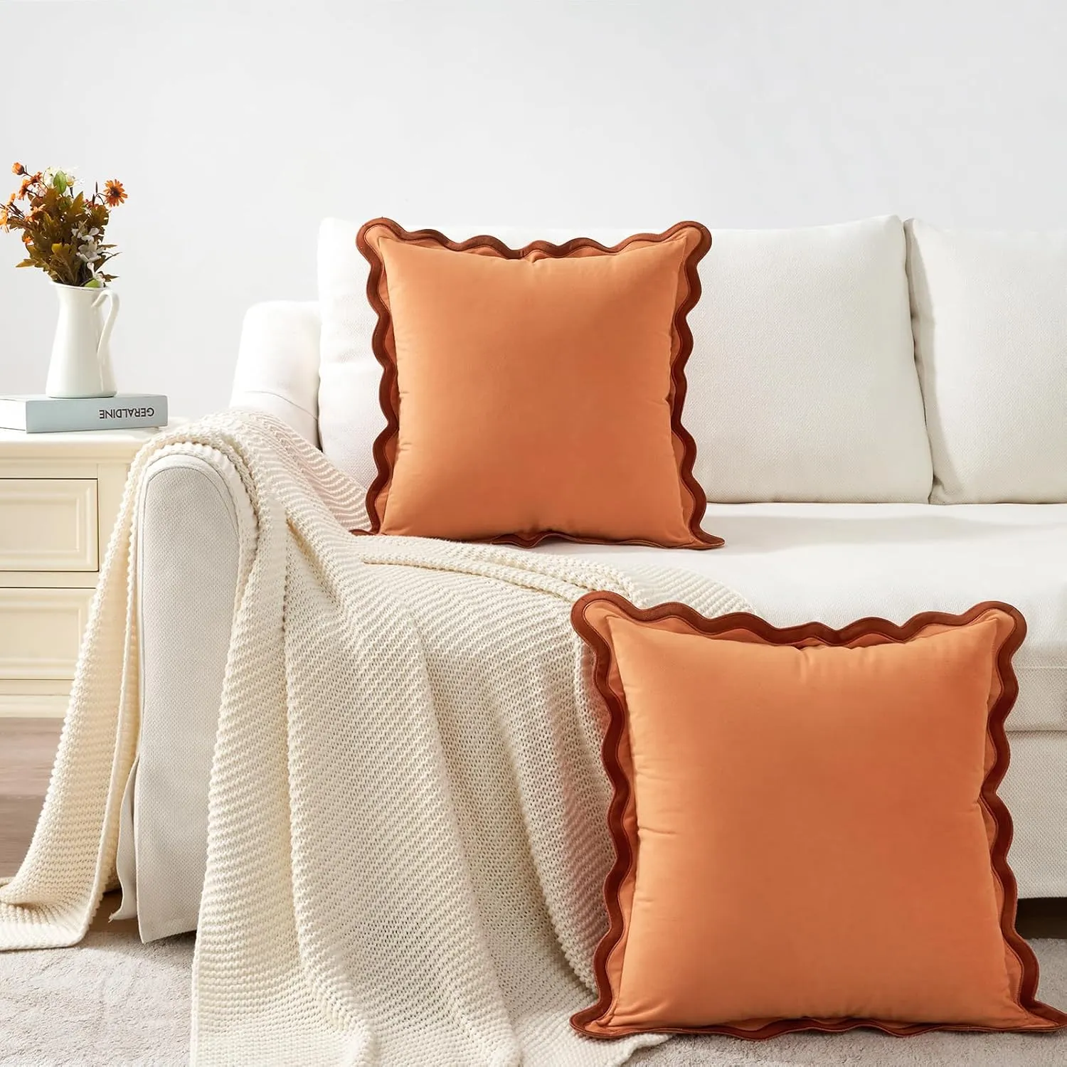 MONDAY MOOSE Decorative Throw Pillow Covers Cushion Cases, Set of 2 Soft Velvet Scalloped Wavy Edge Designs, Mix and Match for Home Decor, Pillow Inserts Not Included (Rust/Coral, 20x20 inch)