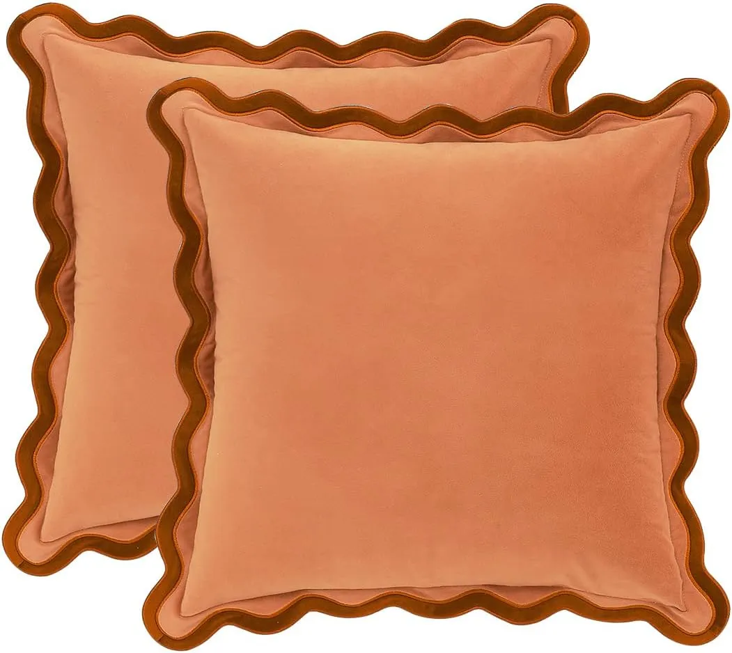 MONDAY MOOSE Decorative Throw Pillow Covers Cushion Cases, Set of 2 Soft Velvet Scalloped Wavy Edge Designs, Mix and Match for Home Decor, Pillow Inserts Not Included (Rust/Coral, 20x20 inch)