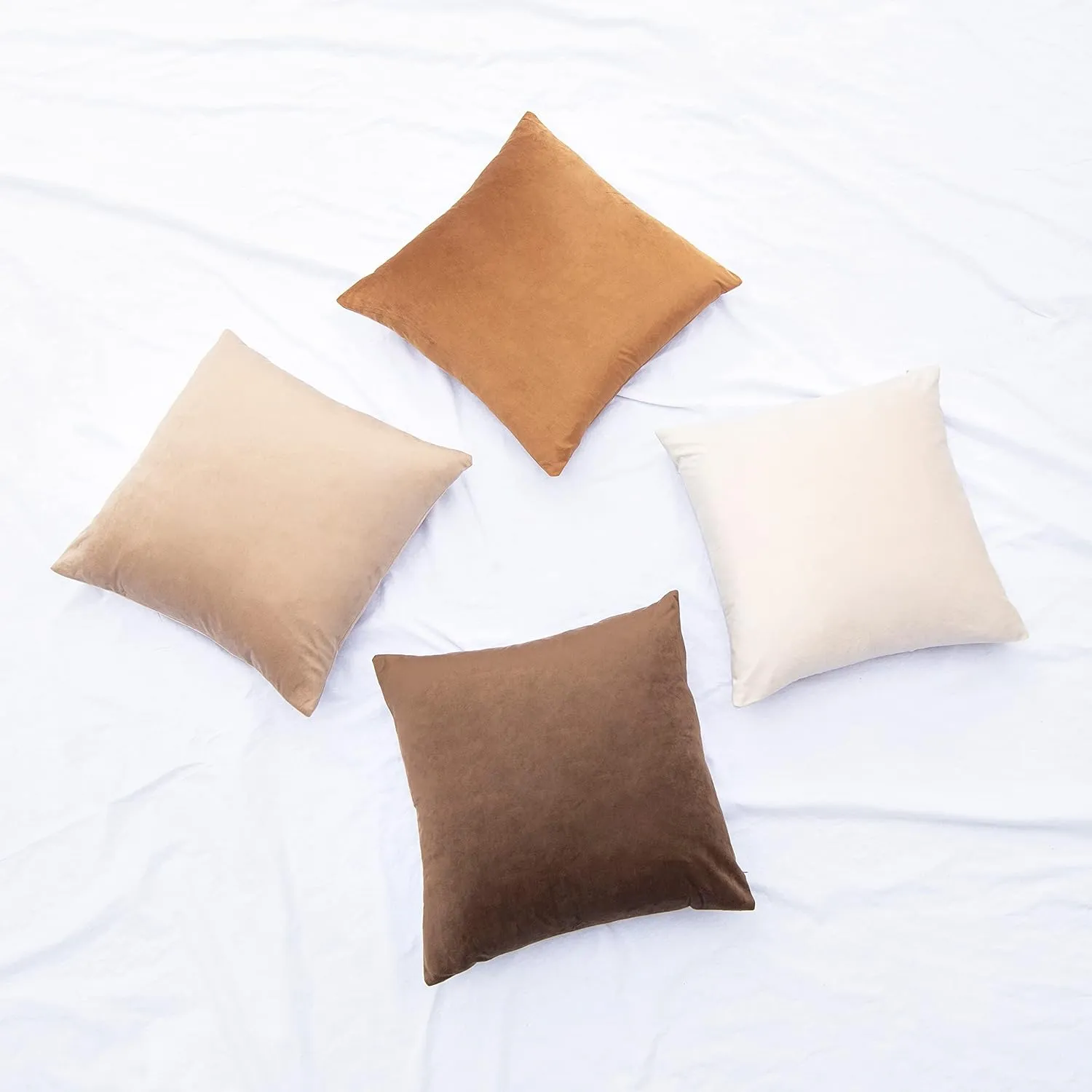 MONDAY MOOSE Decorative Throw Pillow Covers Cushion Cases, Set of 4 Soft Velvet Modern Designs, Mix and Match for Home Decor, Pillow Inserts Not Included (16x16 inch, Brown/Beige)