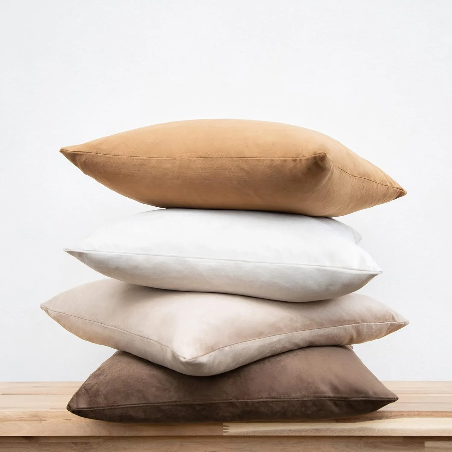 MONDAY MOOSE Decorative Throw Pillow Covers Cushion Cases, Set of 4 Soft Velvet Modern Designs, Mix and Match for Home Decor, Pillow Inserts Not Included (16x16 inch, Brown/Beige)