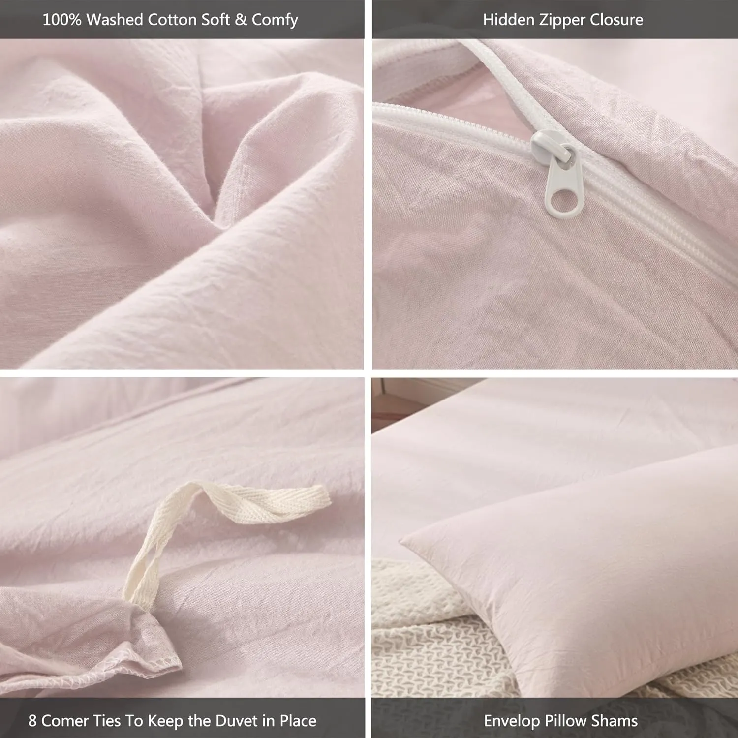 MooMee Bedding Duvet Cover Set 100% Washed Cotton Linen Like Textured Breathable Durable Soft Comfy (Heathered Greyish Pink, Queen 90"x90")