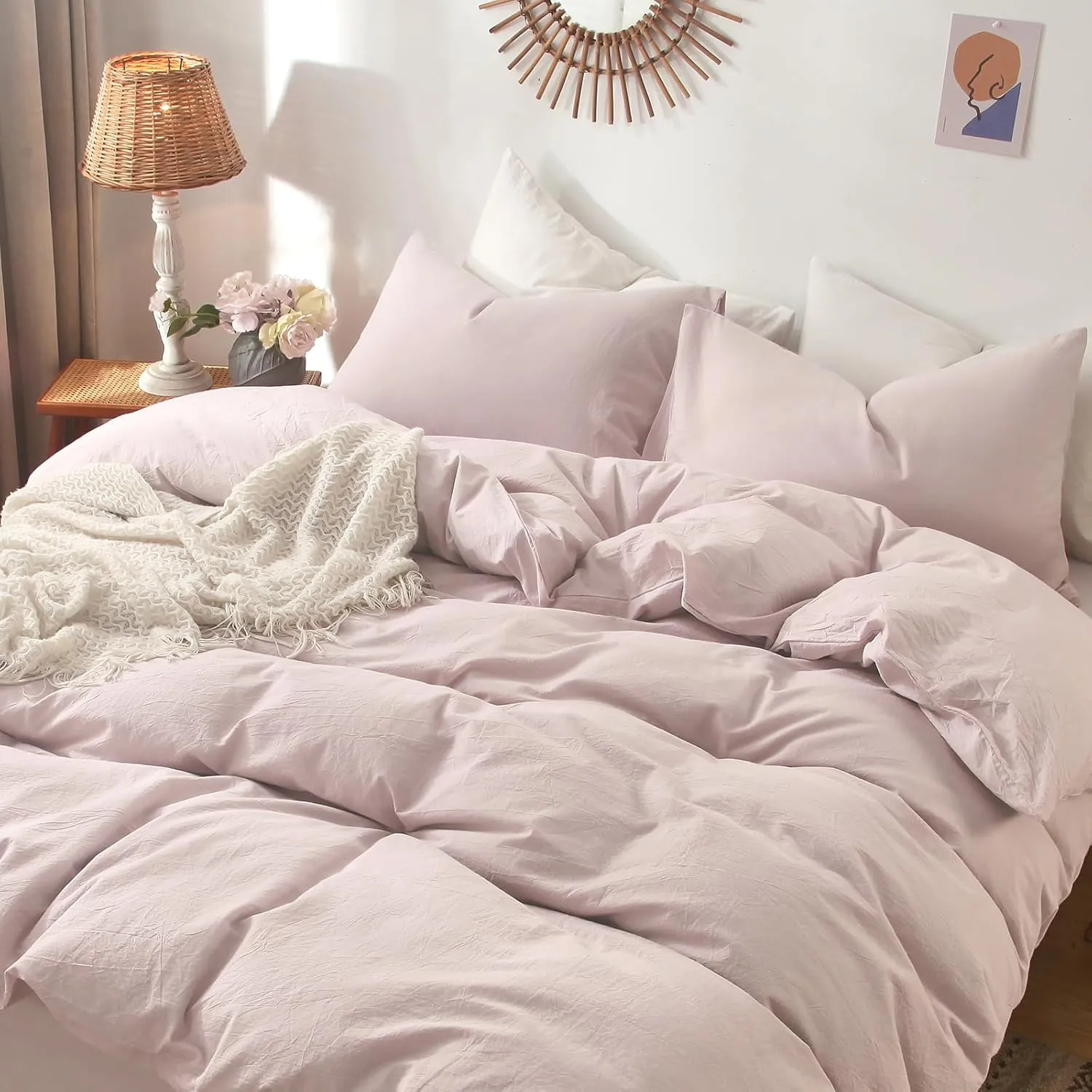 MooMee Bedding Duvet Cover Set 100% Washed Cotton Linen Like Textured Breathable Durable Soft Comfy (Heathered Greyish Pink, Queen 90"x90")