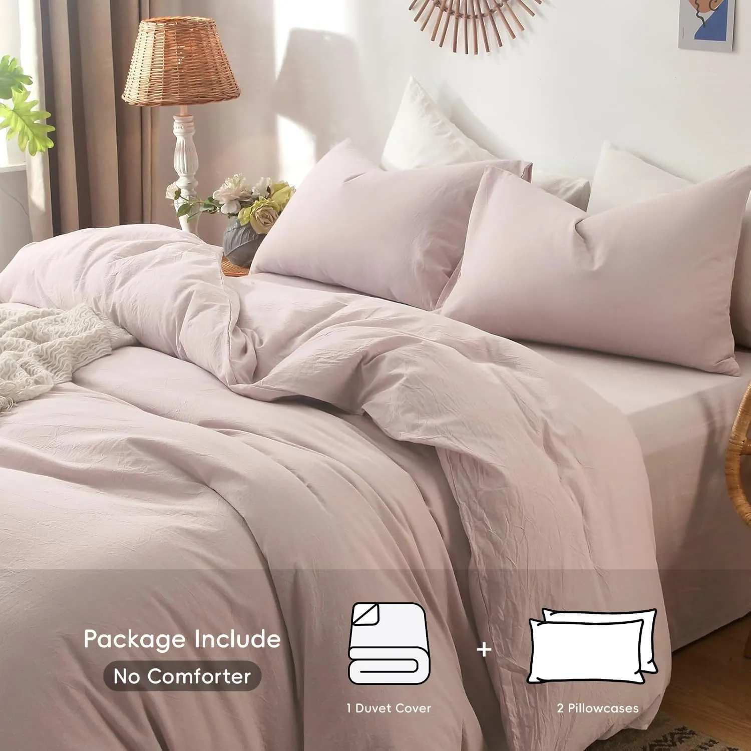 MooMee Bedding Duvet Cover Set 100% Washed Cotton Linen Like Textured Breathable Durable Soft Comfy (Heathered Greyish Pink, Queen 90"x90")