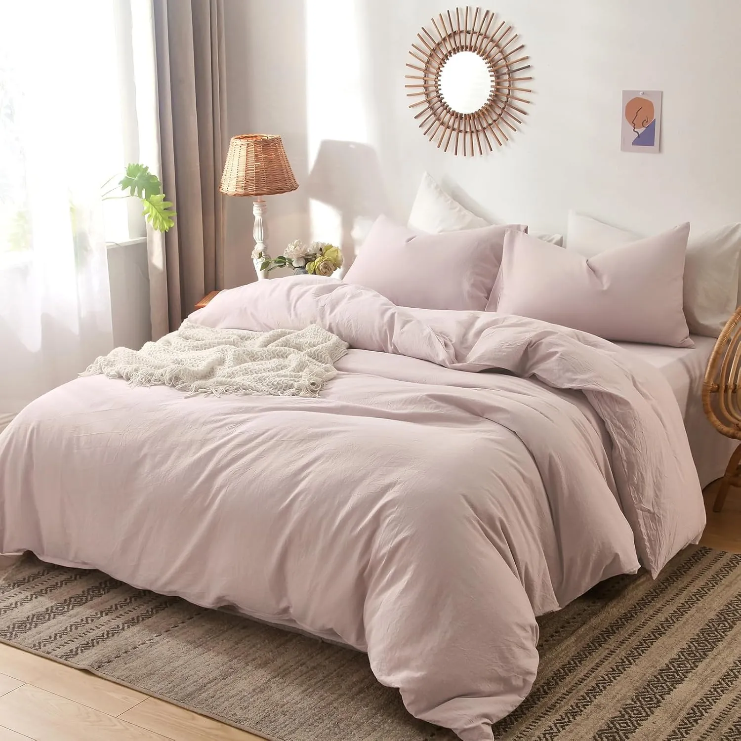 MooMee Bedding Duvet Cover Set 100% Washed Cotton Linen Like Textured Breathable Durable Soft Comfy (Heathered Greyish Pink, Queen 90"x90")