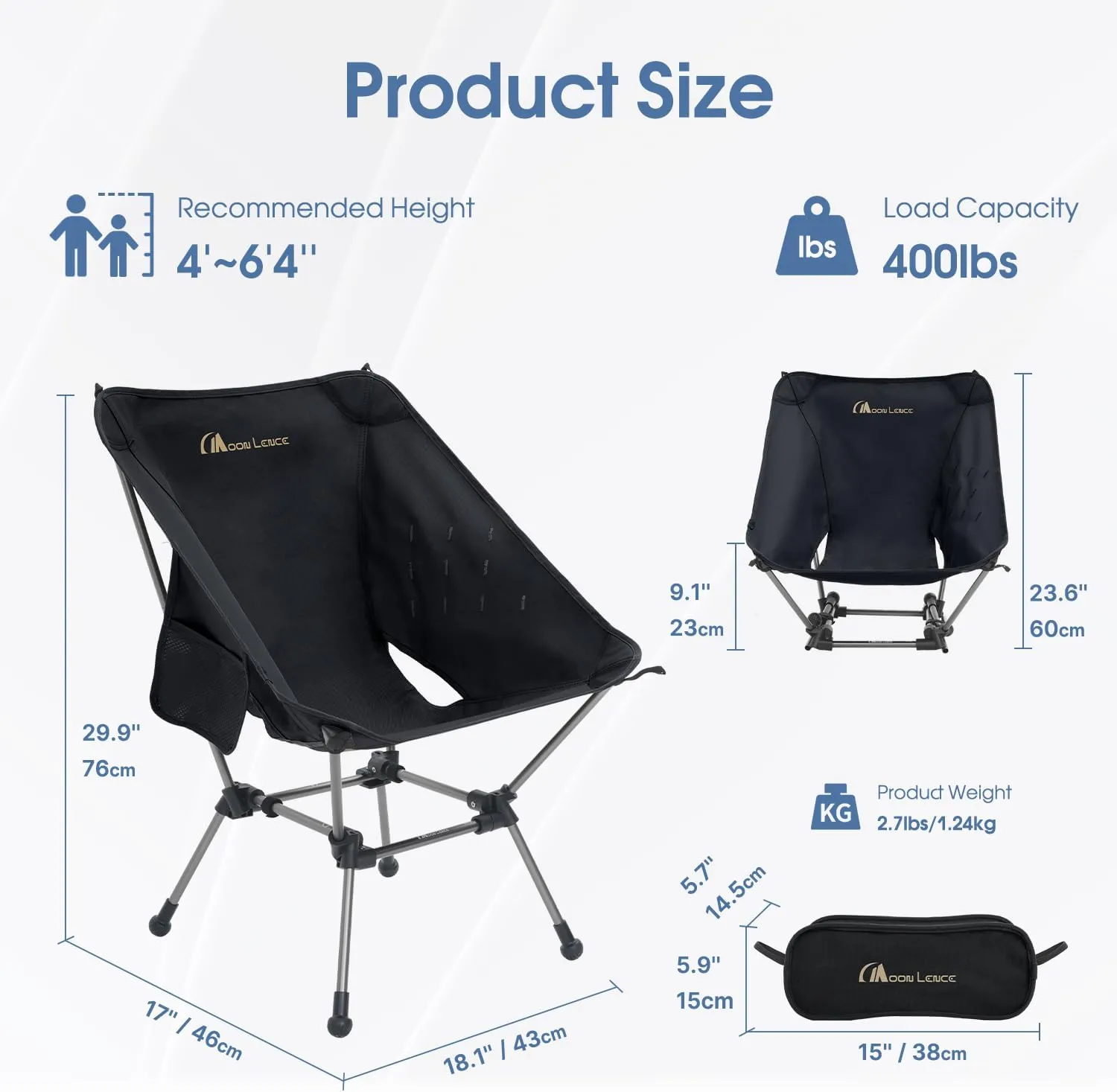 MOON LENCE Camping Chair Plus, Upgraded Comfort & Size, Still Compact and Lightweight, Folding Portable Chair for Backpacking & Hiking, 400Lbs Capacity, Gen 3 Plus