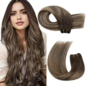 Moresoo Clip in Hair Extensions 7 Pieces 120G and Sew in Extensions Human Hair 100G Bundle 20Inch Balayage Dark Brown Mixed with Caramel Blonde