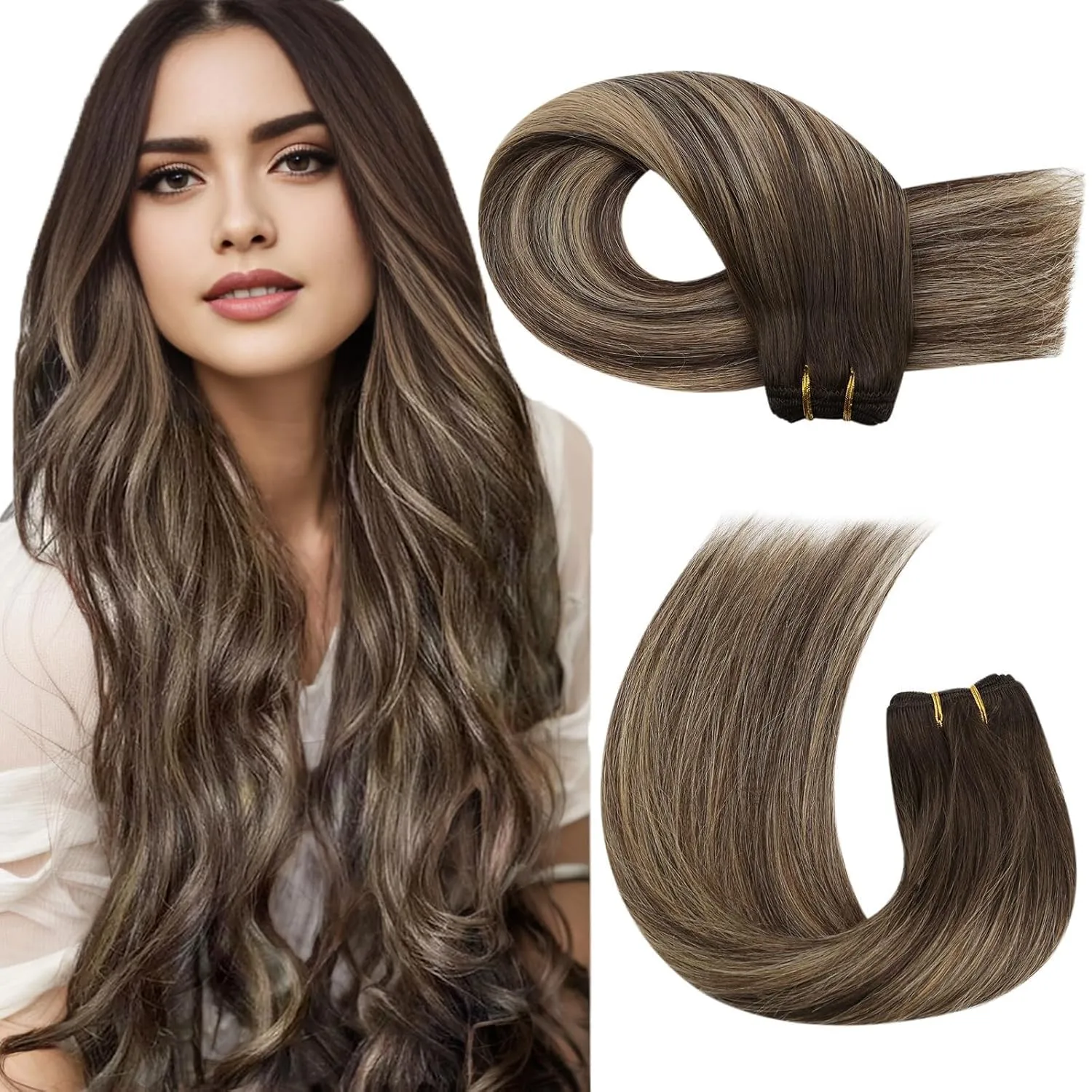Moresoo Clip in Hair Extensions 7 Pieces 120G and Sew in Extensions Human Hair 100G Bundle 20Inch Balayage Dark Brown Mixed with Caramel Blonde