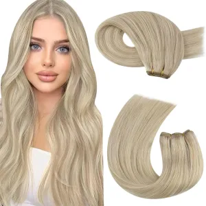 Moresoo Clip in Hair Extensions 7 Pieces 120G and Sew in Hair Extensions Real Human Hair 100G Bundle 16Inch Ash Blonde Highlighted with Blonde