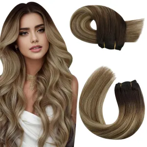 Moresoo Clip in Hair Extensions 7 Pieces 120G and Sew in Hair Extensions Real Human Hair 100G Bundle 22Inch Ombre Brown to Light Brown with Golden Blonde