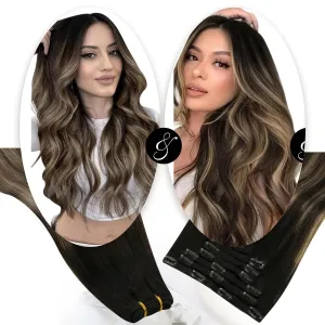 Moresoo Clip in Hair Extensions Balayage Black to Dark Brown with Caramel Blonde 7 Pieces 120G 16inch and Sew in Hair Extensions Real Human Hair 100G 18Inch Bundle