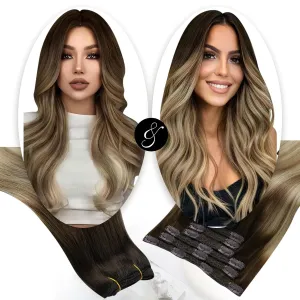 Moresoo Clip in Hair Extensions Balayage Brown to Blonde 7 Pieces 120G 16inch and Sew in Hair Extensions Real Human Hair 100G 18Inch Bundle
