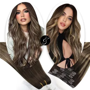 Moresoo Clip in Hair Extensions Balayage Dark Brown with Caramel Blonde 7 Pieces 120G 16inch and Sew in Hair Extensions Real Human Hair 100G 18Inch Bundle