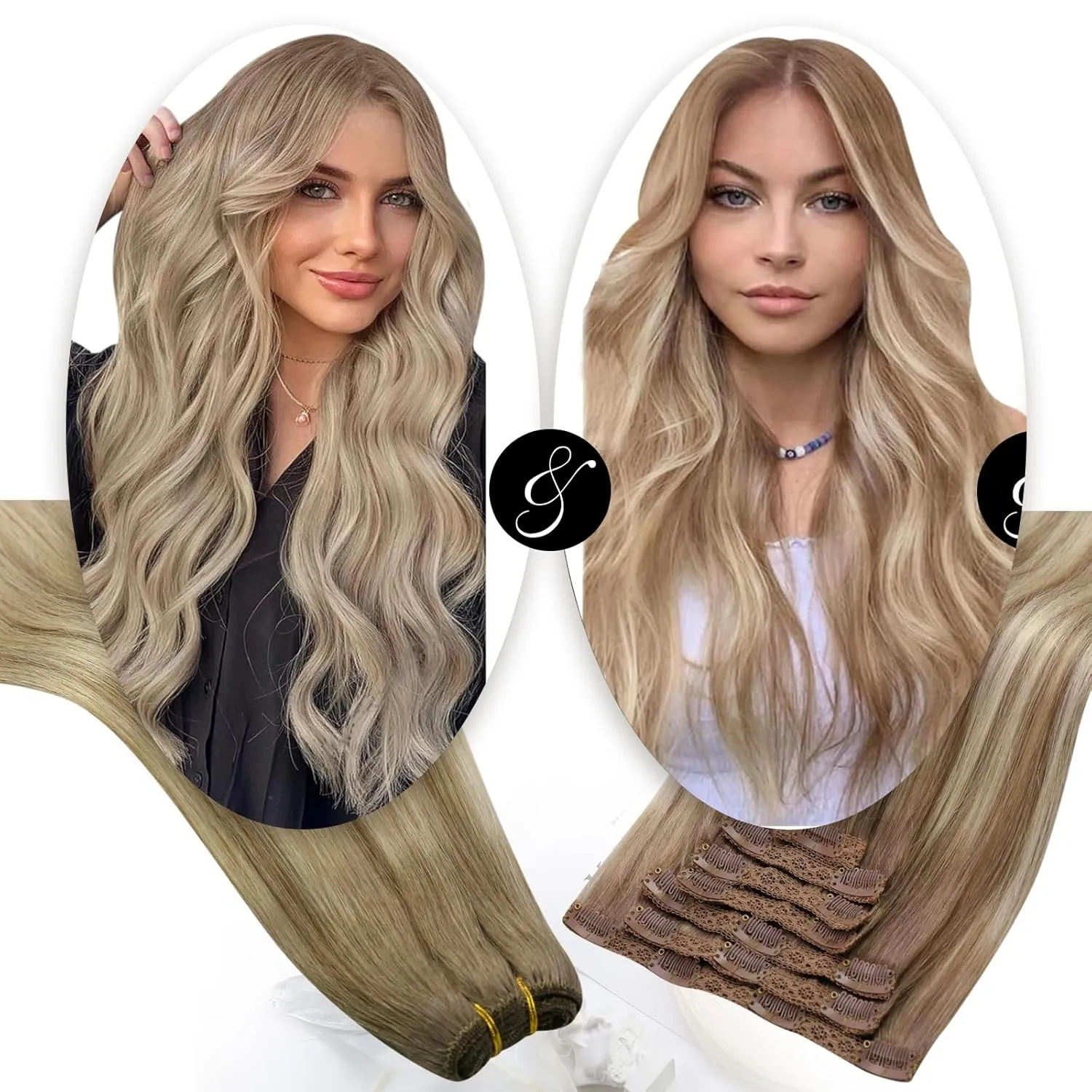 Moresoo Clip in Hair Extensions Balayage Light Brown with Golden Blonde 7 Pieces 120G 22inch and Sew in Hair Extensions Real Human Hair Ombre Blonde 100G 24Inch Bundle