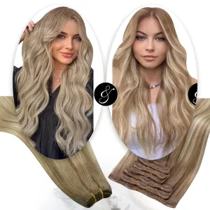 Moresoo Clip in Hair Extensions Balayage Light Brown with Golden Blonde 7 Pieces 120G 22inch and Sew in Hair Extensions Real Human Hair Ombre Blonde 100G 24Inch Bundle