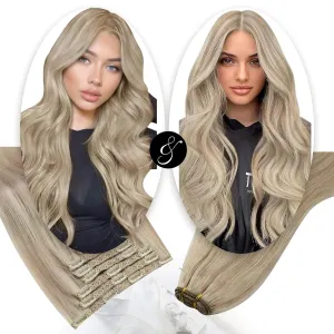 Moresoo Clip in Hair Extensions Blonde Highlight 7 Pieces 120G 18inch and Sew in Hair Extensions Real Human Hair 100G 20Inch Bundle
