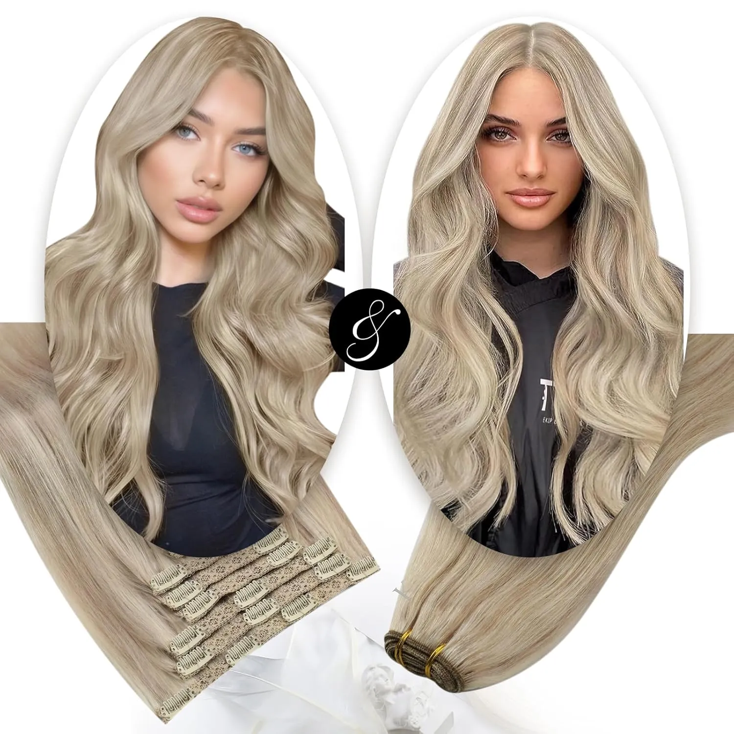 Moresoo Clip in Hair Extensions Blonde Highlight 7 Pieces 120G 18inch and Sew in Hair Extensions Real Human Hair 100G 20Inch Bundle