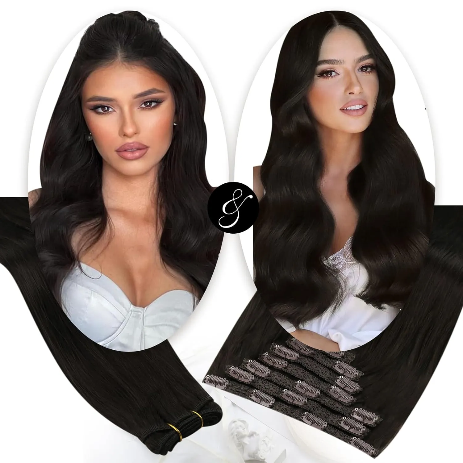 Moresoo Clip in Hair Extensions Brown 7 Pieces 120G and Sew in Hair Extensions Real Human Hair 100G Bundle 18Inch