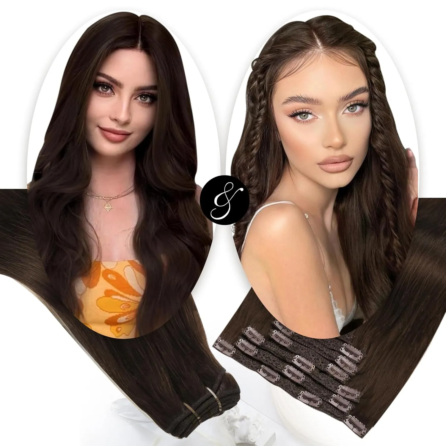 Moresoo Clip in Hair Extensions Brown 7 Pieces 120G and Sew in Hair Extensions Real Human Hair 100G Bundle 22Inch