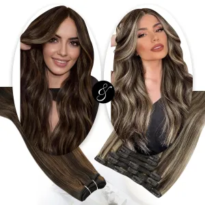 Moresoo Clip in Hair Extensions Brown Highlight 7 Pieces 120G and Sew in Hair Extensions Real Human Hair 100G Bundle 18Inch