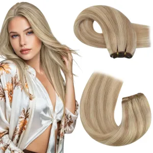 Moresoo Clip in Hair Extensions Human Hair 7 Pieces 120G and Sew in Hair Extensions Human Hair 100G Bundle 18Inch Dark Ash Blonde Highlighted with Golden Blonde