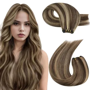 Moresoo Clip in Hair Extensions Human Hair 7 Pieces 120G and Sew in Hair Extensions Real Human Hair 100G Bundle 22Inch Dark Brown Highlighted with Caramel Blonde
