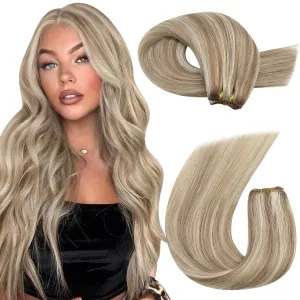 Moresoo Clip in Hair Extensions Human Hair 7 Pieces 120G and Weft Hair Extensions 100G Bundle 18Inch Light Brown Highlighted with Blonde