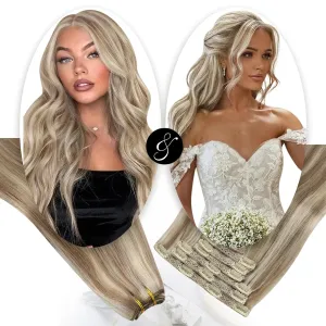 Moresoo Clip in Hair Extensions Light Brown with Blonde 7 Pieces 120G and Sew in Hair Extensions Real Human Hair 100G Bundle 16Inch
